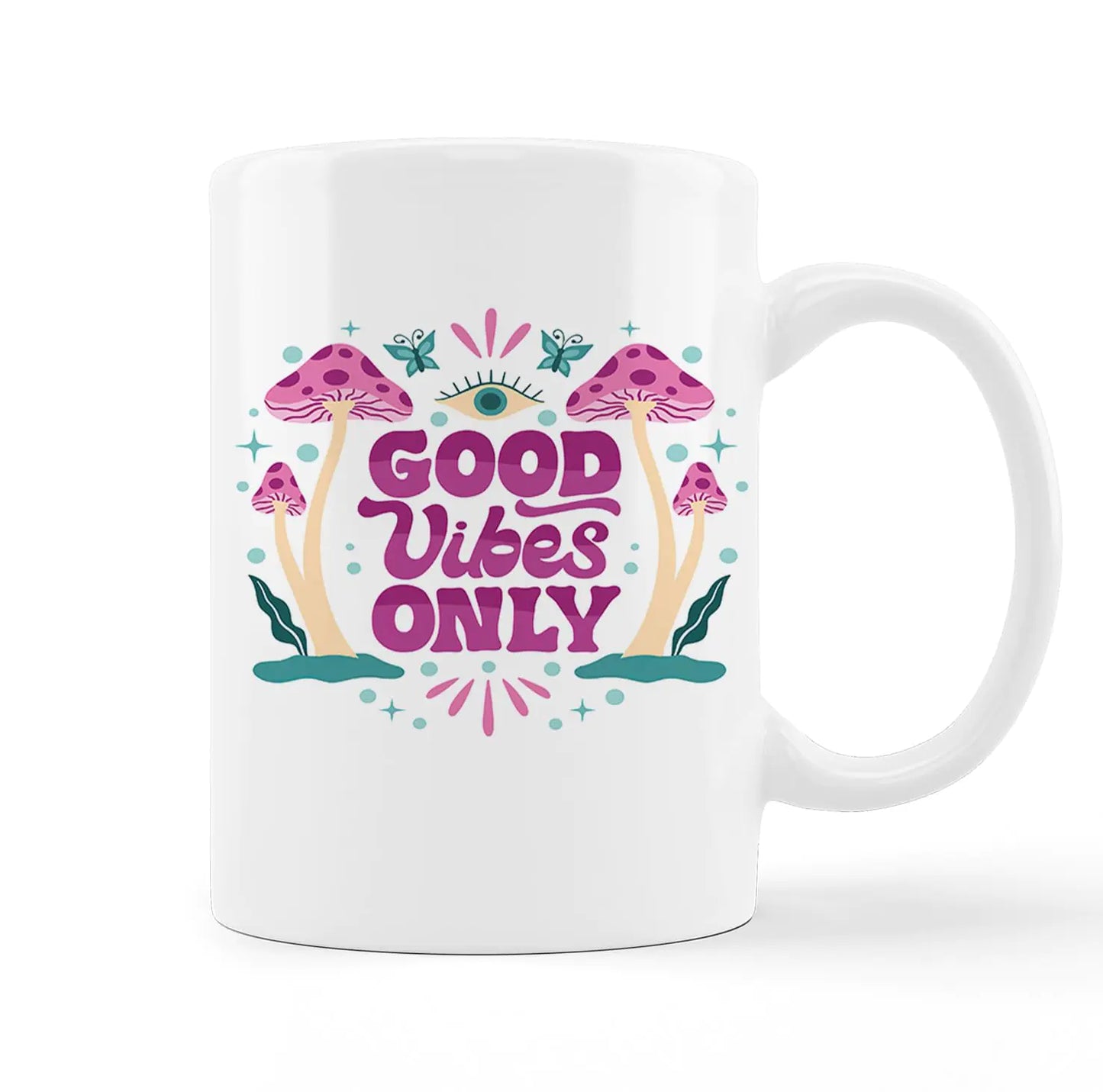 Retro Groovy Good Vibes Only Hippie Mushroom Evil Eye Purple Ceramic Mug-11oz Coffee Milk Tea Mug Cup with HandlePositive Gifts for Women Teen Girls Teens