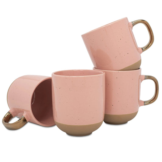 Elanze Designs Speckled Ceramic Mug Set – 24oz, Metallic Handle, Pink, 4-Pack