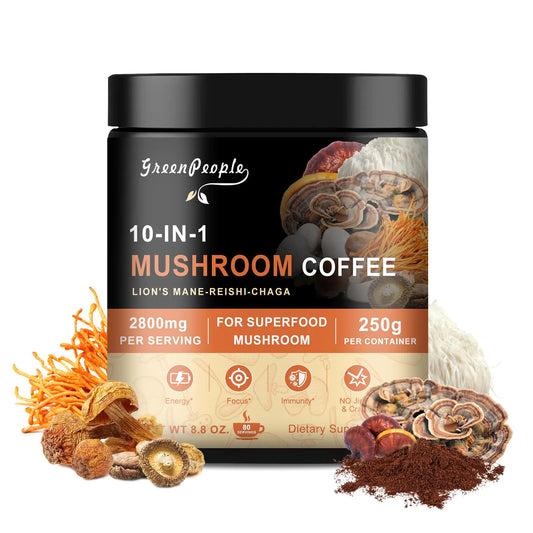 GREENPEOPLE 10 in 1 Mushroom Coffee | Mushroom Coffee Alternative with Lion’s Mane Reishi Turkey Tail & More | Premium Arabica Instant Coffee for Focus Energy and Immune Support | 8.8 Oz