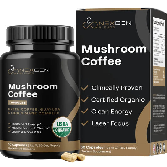100% Organic Mushroom Coffee Capsules - Natural Energy Supplement with 130mg Caffeine from Clinically Proven Patented Green Coffee Bean & Guayusa Extracts for Jitter-Free Energy & Focus (30 Servings)