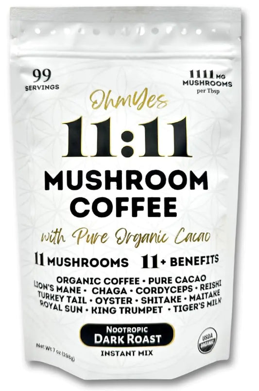 OhmYes 1111 Organic Mushroom Coffee + Cacao Powder | 11 Nootropic Mushrooms Coffee with Lions Mane Cordyceps Chaga Reishi Royal Sun + 6 More | Instant Coffee Powder | 99 Servings