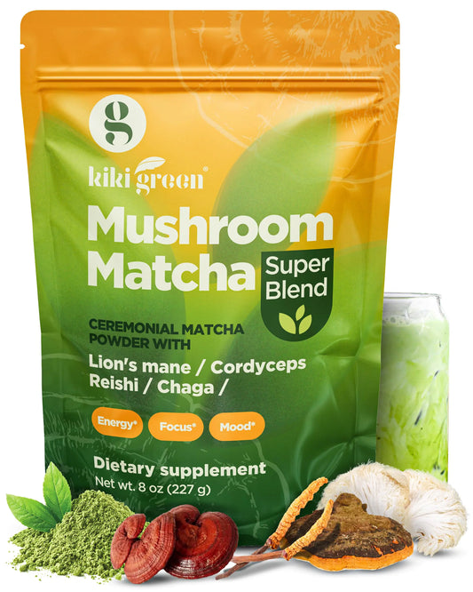 KIKI Green Mushroom Matcha - Super Blend Powder with Lions Mane Chaga Reishi Cordyceps - Coffee Alternative for Energy Focus Immunity - 8 oz 40 Servings
