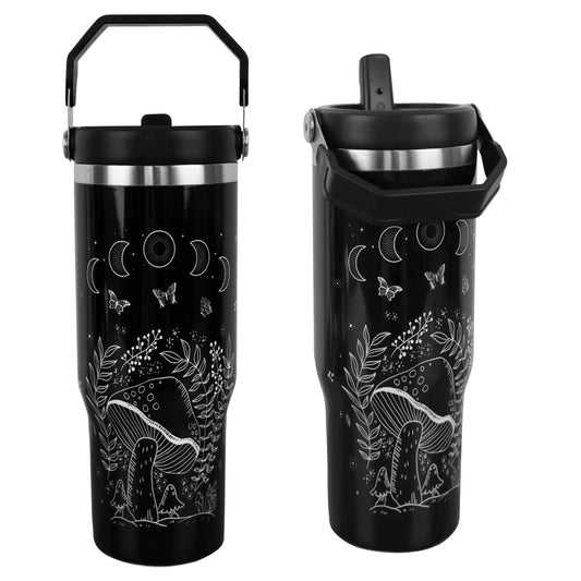 Mushroom Tumbler with Handle and Straw 30oz Mushroom Tumbler Gifts for Women Girls Stainless Steel Leakproof Insulated Water Bottle Coffee Travel Mug Cup Easy for Carry