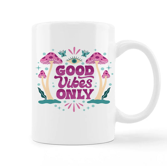 Retro Groovy Good Vibes Only Hippie Mushroom Evil Eye Purple Ceramic Mug-11oz Coffee Milk Tea Mug Cup with HandlePositive Gifts for Women Teen Girls Teens
