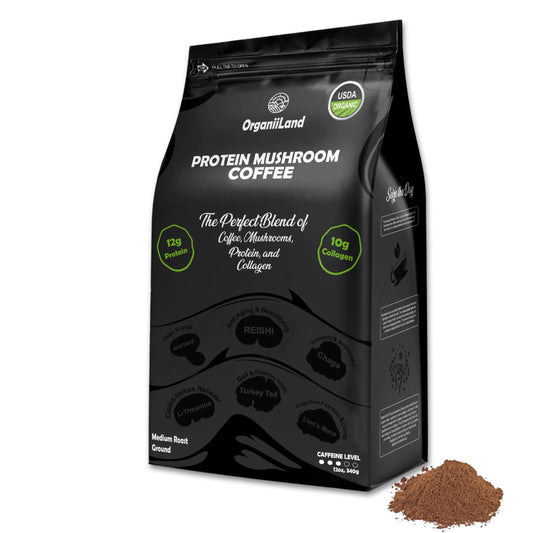 Protein Mushroom Coffee by OrganiiLand | Ground Coffee with Collagen Lions Mane Chaga Turkey Tail Reishi Maitake L-Theanine | Focus Energy Immunity and Digestion