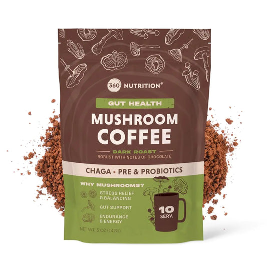 360 Nutrition Instant Mushroom Coffee with Chaga Superfood Mushroom and Prebiotics Probiotics for Gut Health and Focus Support | Dark Roast No Added Sugar 5 oz (Gut Blend)
