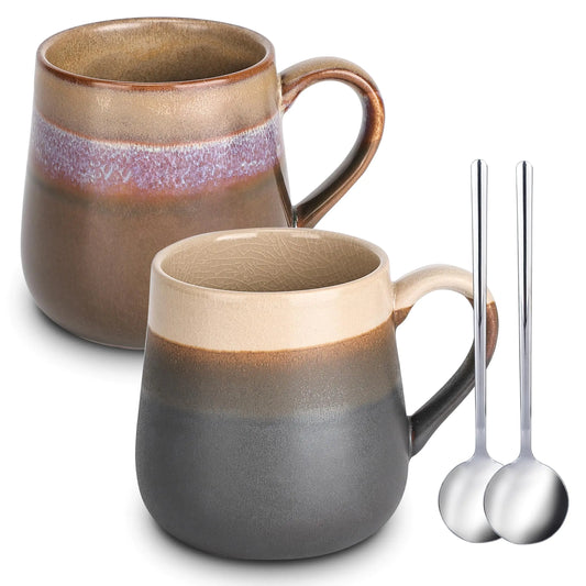 LINVIA Reactive Glaze Mug 16 oz Ceramic Coffee Cup for Tea Latte Cappuccino Unique Crackle Pattern Rustic Stoneware Teacup with Large Handle (Set of 2 Earth and Sky)
